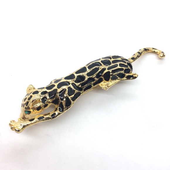 VINTAGE 80s JAGUAR CAT SPOTS GOLD TONE GREEN RHINESTONE ARTICULATED BROOCH PIN - Picture 10 of 12